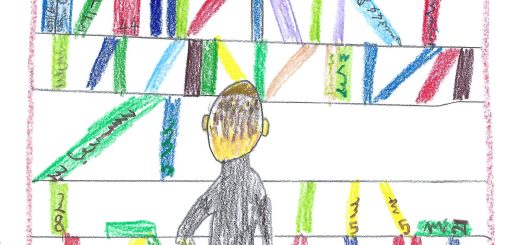 Risba učenca drugega razreda na kateri je fant v knjižnici pred policami zloženih knjig.